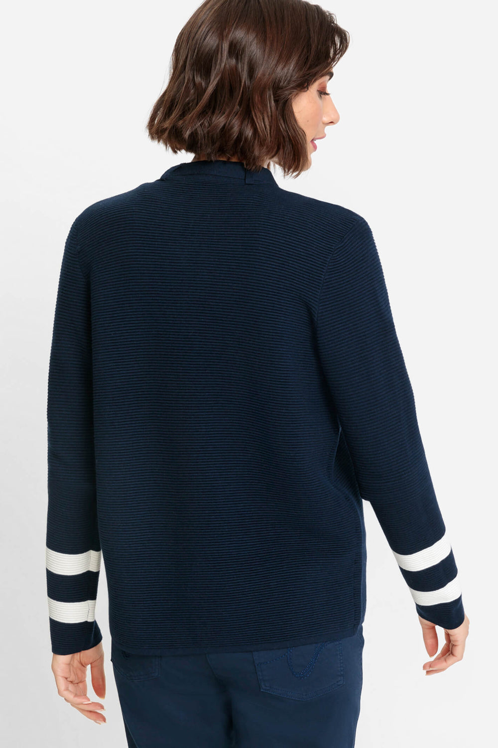 Olsen 11004083 Navy Ink Blue Zip Front Stripe Sleeve Cardigan - Experience Boutique