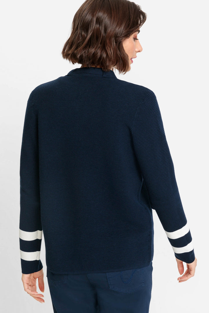 Olsen 11004083 Navy Ink Blue Zip Front Stripe Sleeve Cardigan - Experience Boutique