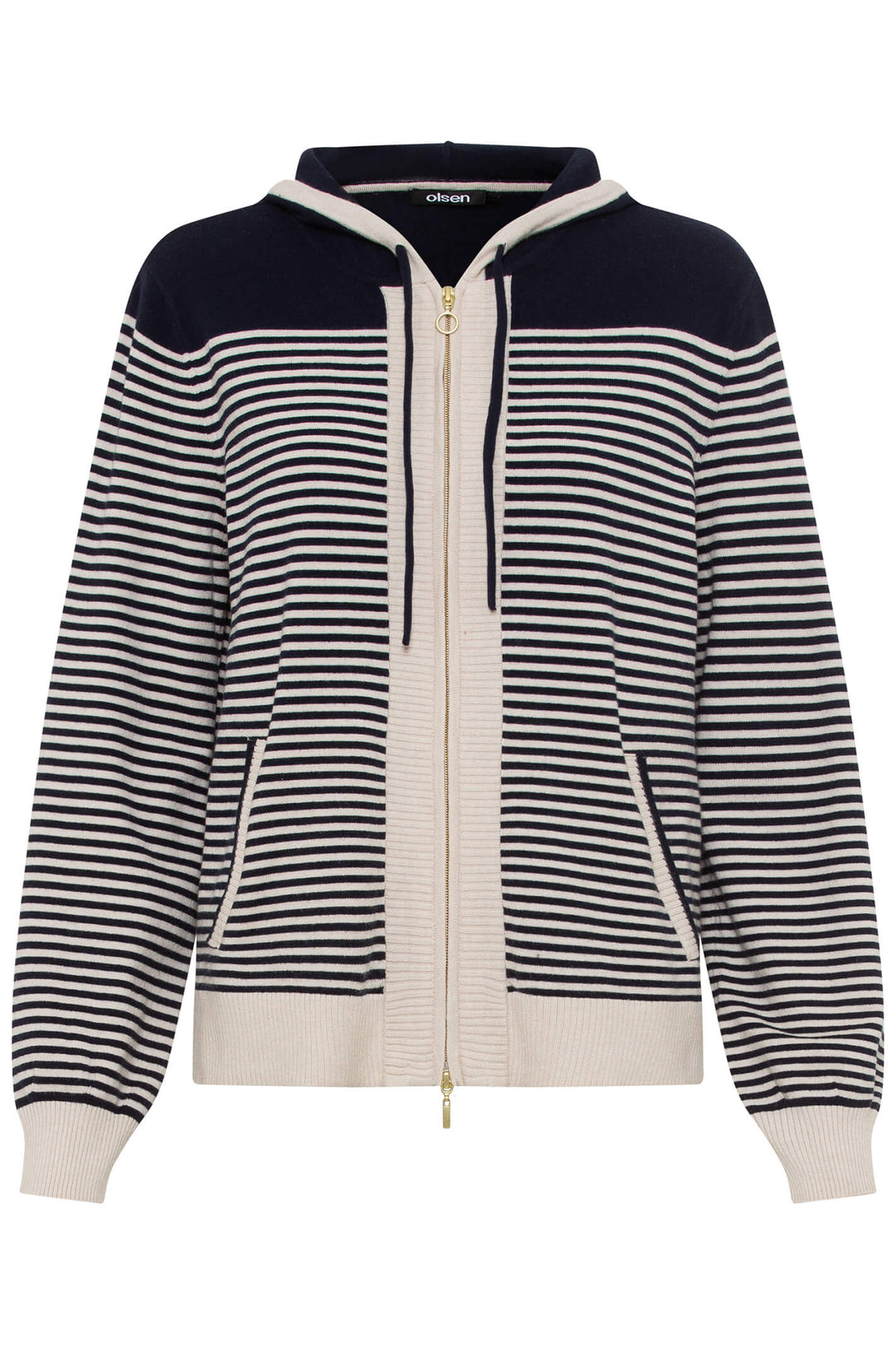 Olsen 11004091 Navy Ink Blue Sports Luxe Stripe Hooded Cardigan - Experience Boutique