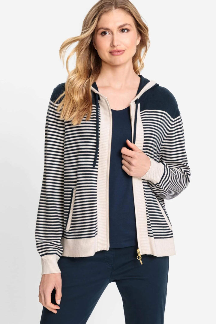 Olsen 11004091 Navy Ink Blue Sports Luxe Stripe Hooded Cardigan