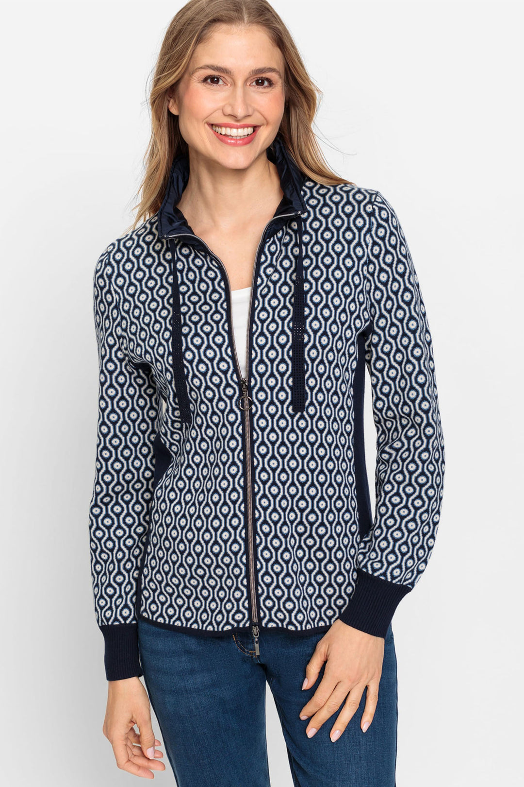 Olsen 11004407 Blue Geometric Print Knit Cardi Jacket - Experience Boutique