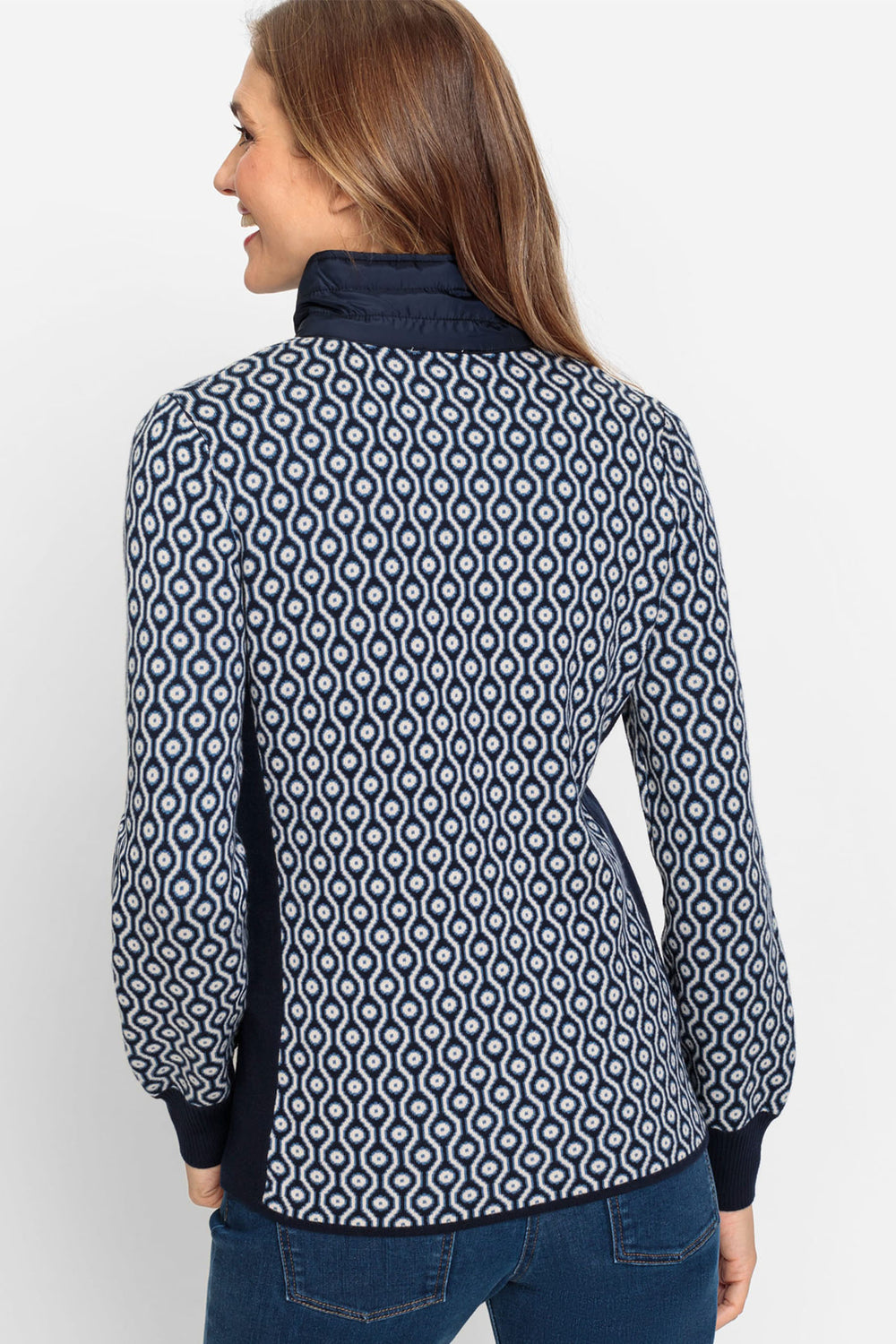 Olsen 11004407 Blue Geometric Print Knit Cardi Jacket - Experience Boutique