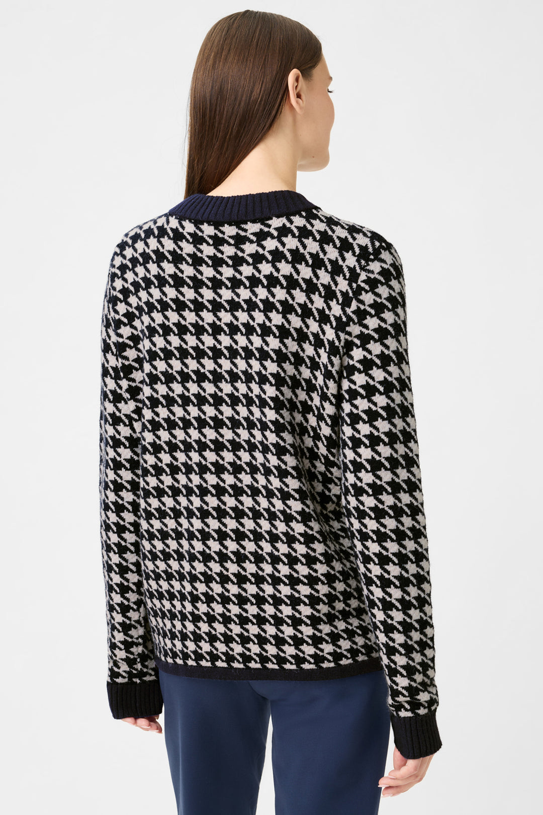 Olsen 11004697 Ink Blue Houndstooth Knit Zip Front Cardigan