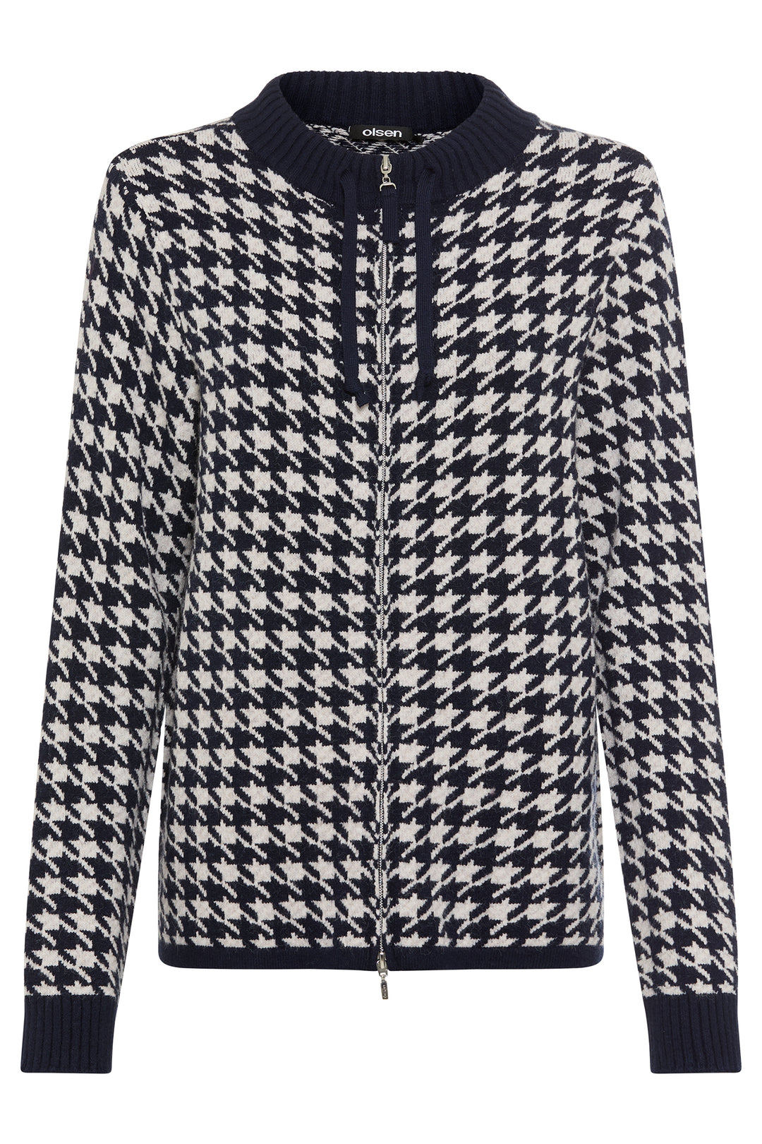 Olsen 11004697 Ink Blue Houndstooth Knit Zip Front Cardigan