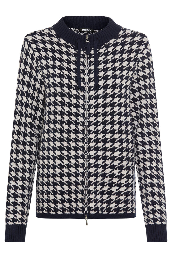 Olsen 11004697 Ink Blue Houndstooth Knit Zip Front Cardigan