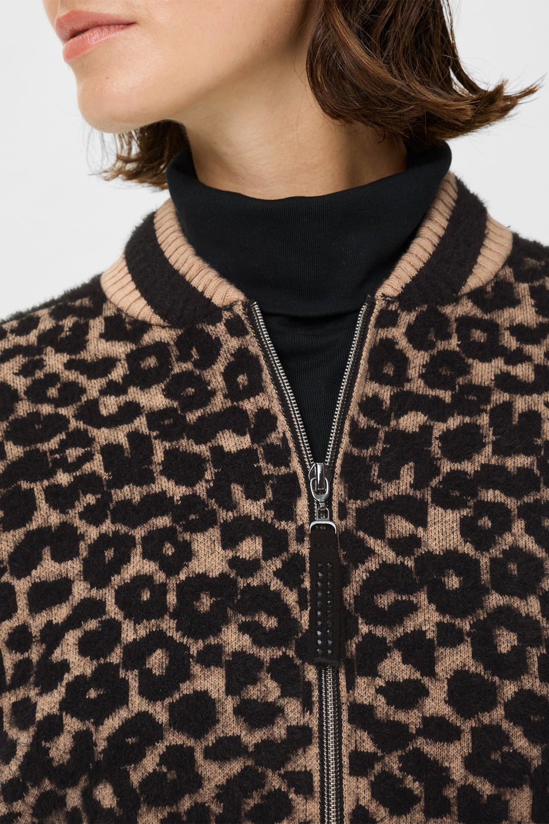 Olsen 11004704 Beige Leopard Print Urban Wild Eyelash Knit Cardigan