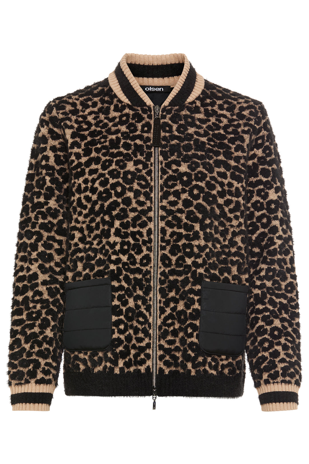 Olsen 11004704 Beige Leopard Print Urban Wild Eyelash Knit Cardigan