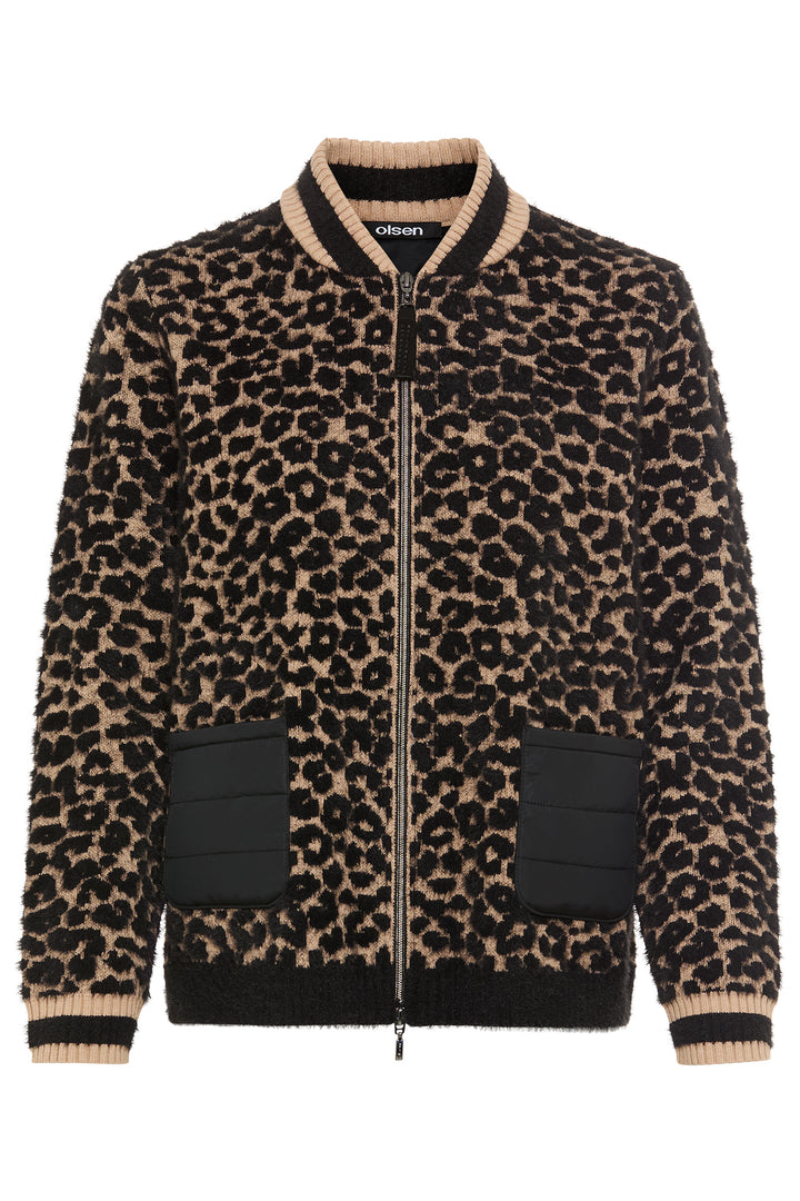 Olsen 11004704 Beige Leopard Print Urban Wild Eyelash Knit Cardigan
