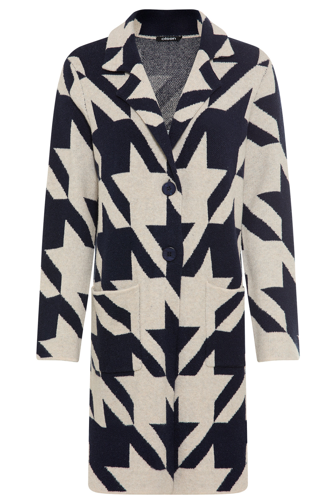 Olsen 11004783 Navy Houndstooth Print Longline Jacket