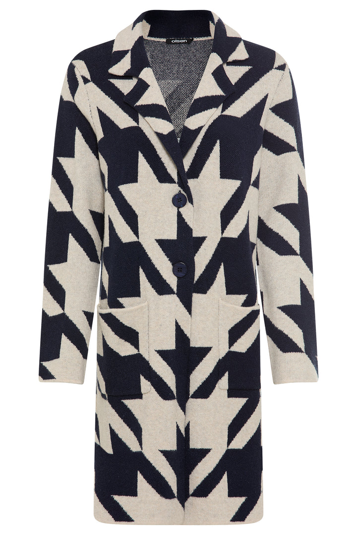 Olsen 11004783 Navy Houndstooth Print Longline Jacket