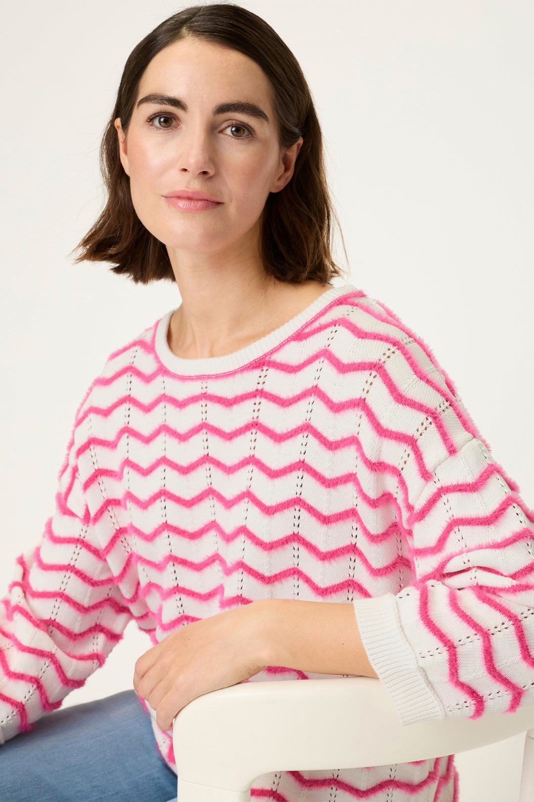 Olsen 11004835 Electric Fuchsia Pink ZigZag Round Neck Jumper