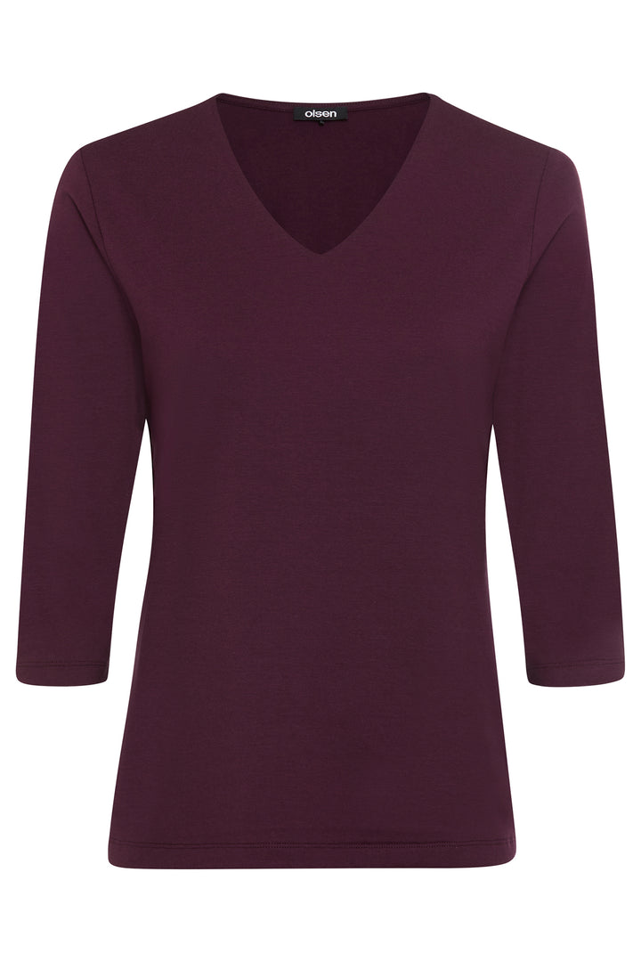 Maroon V-neck shirt with three-quarter sleeves on a white background