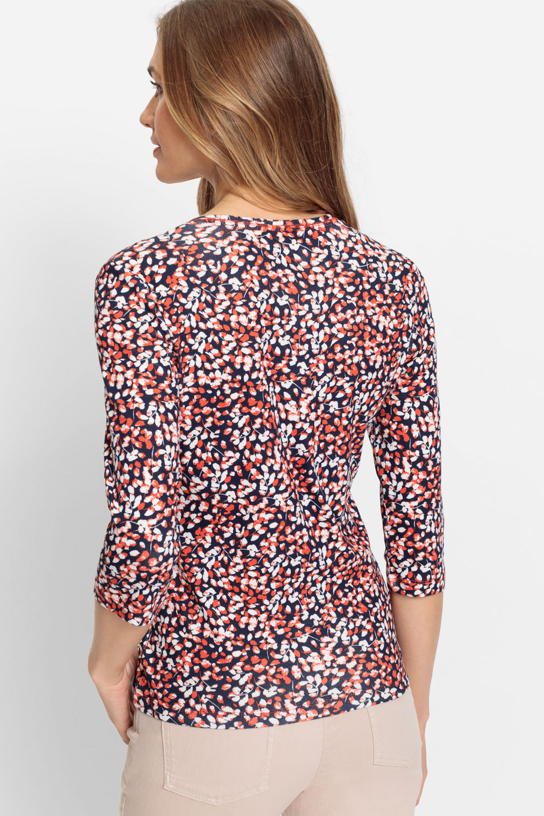Olsen 11100617 Navy & Orange Leaf Print T-Shirt - Experience Boutique