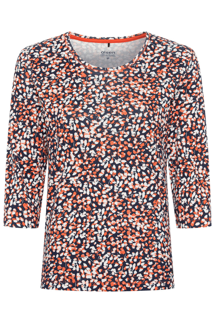 Olsen 11100617 Navy & Orange Leaf Print T-Shirt - Experience Boutique