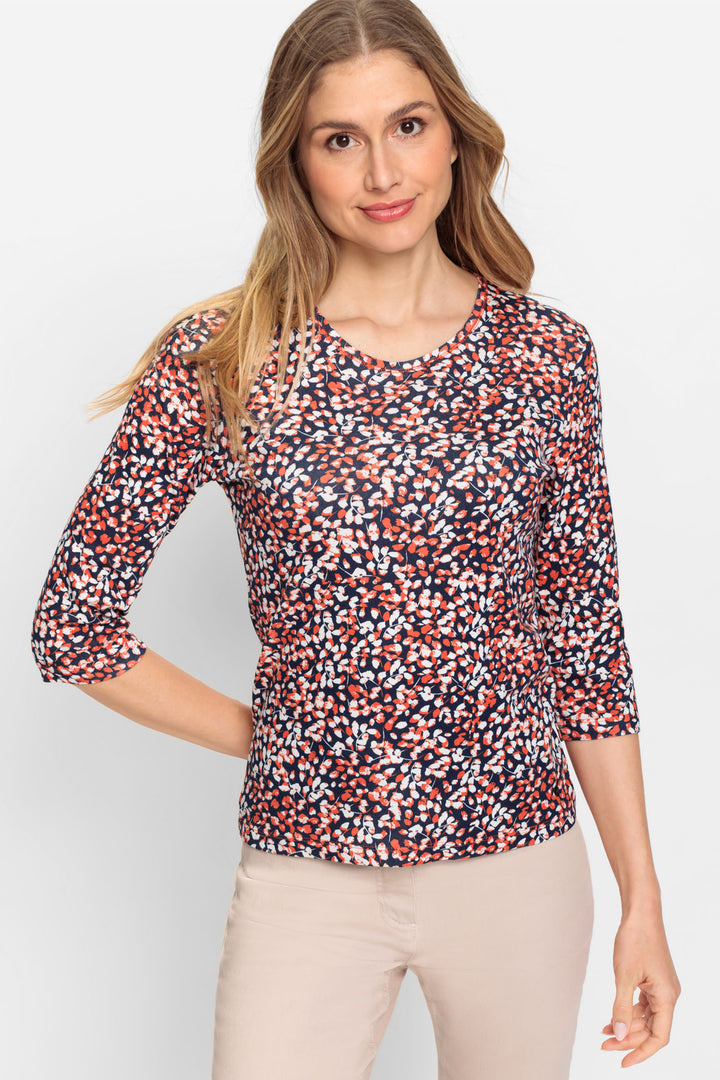 Olsen 11100617 Navy & Orange Leaf Print T-Shirt - Experience Boutique