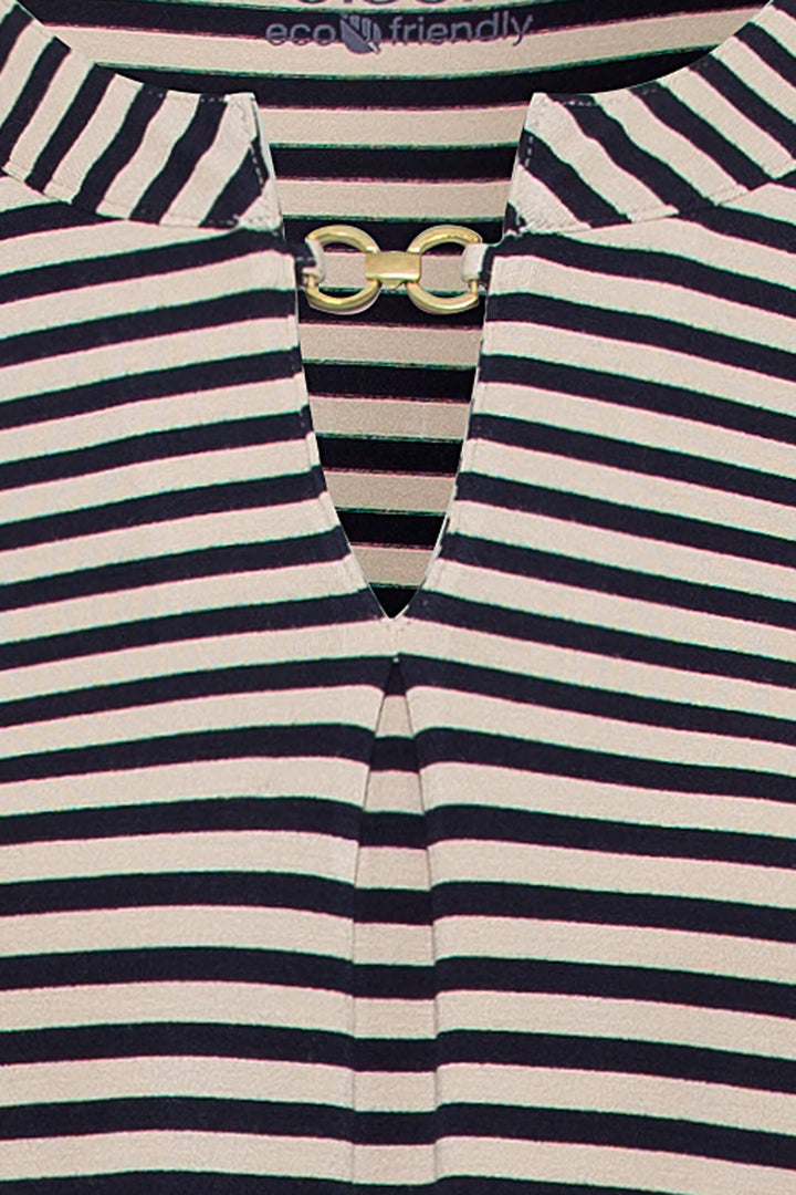 Olsen 11104649 Cream Stripe Split Neck Top - Experience Boutique