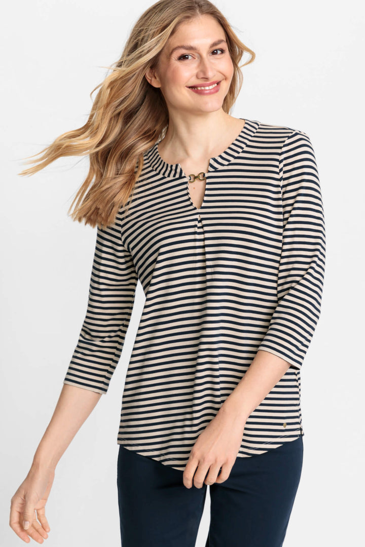 Olsen 11104649 Cream Stripe Split Neck Top - Experience Boutique