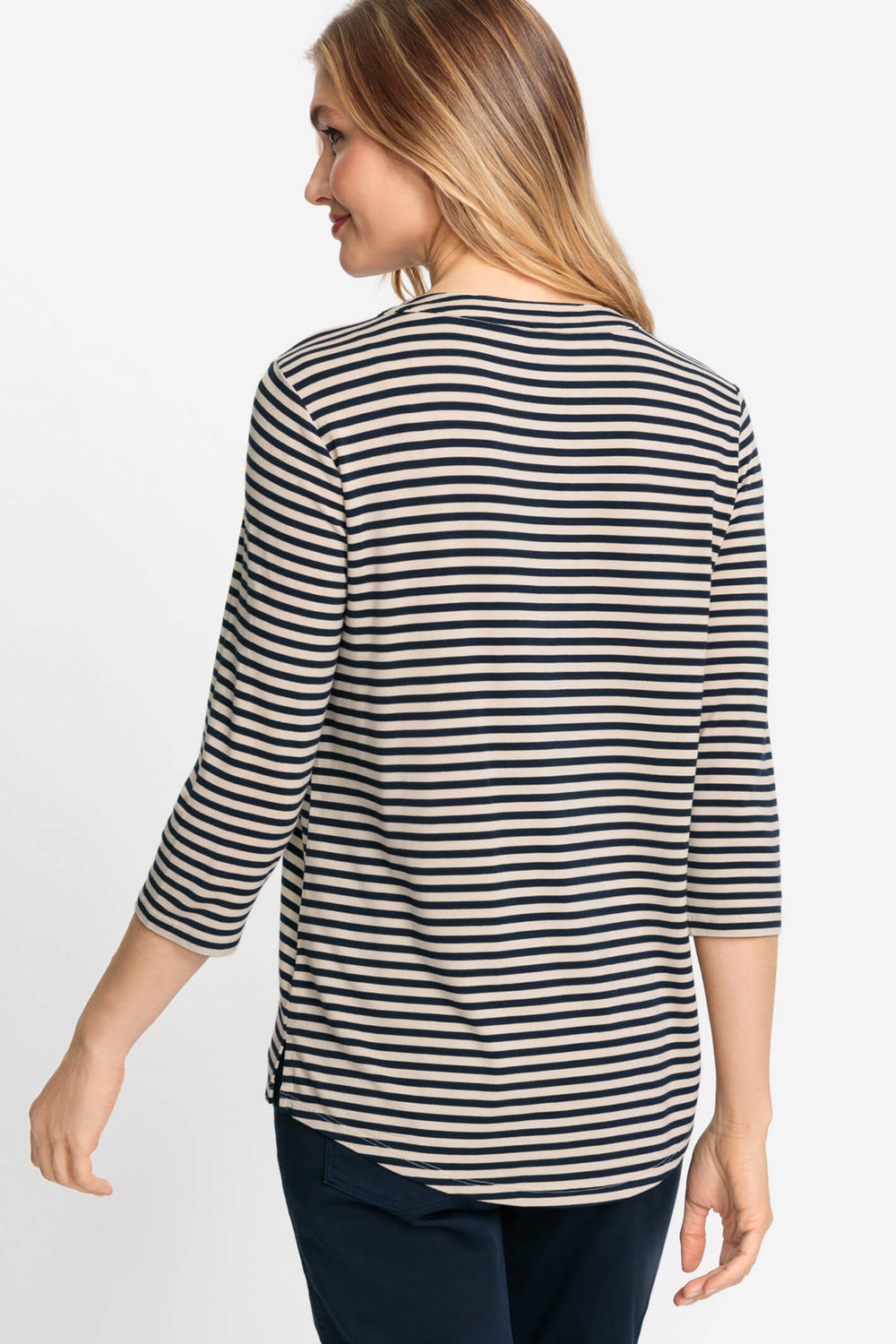 Olsen 11104649 Cream Stripe Split Neck Top - Experience Boutique