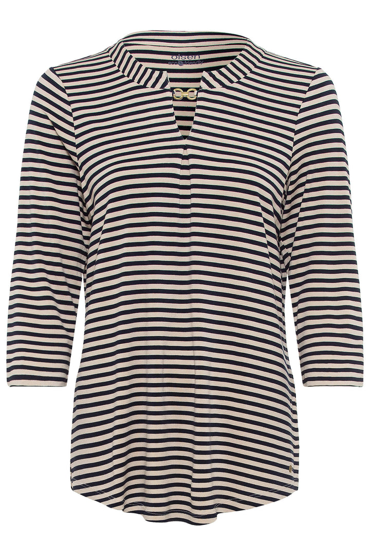 Olsen 11104649 Cream Stripe Split Neck Top - Experience Boutique