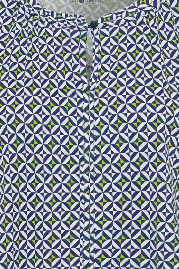 Olsen 11104742 Night Blue Print Button Neck Top - Experience Boutique