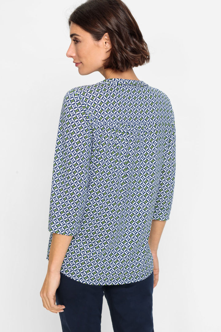 Olsen 11104742 Night Blue Geo Print Button Neck Top