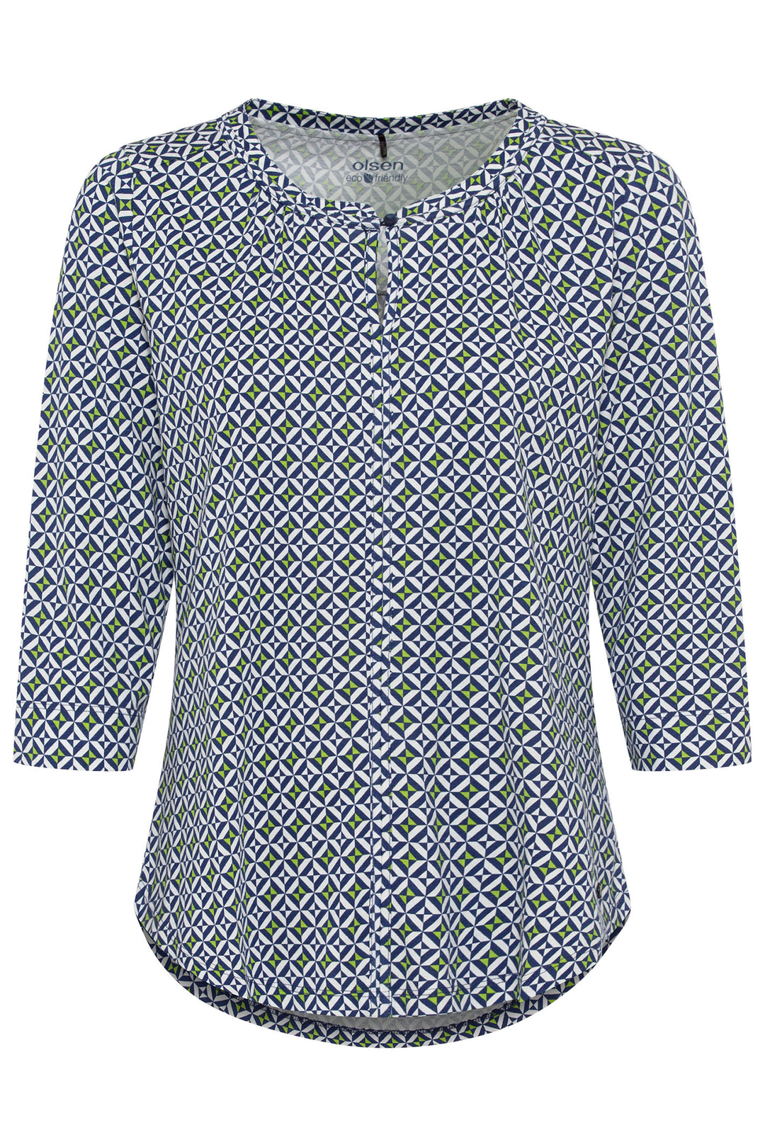 Olsen 11104742 Night Blue Print Button Neck Top - Experience Boutique
