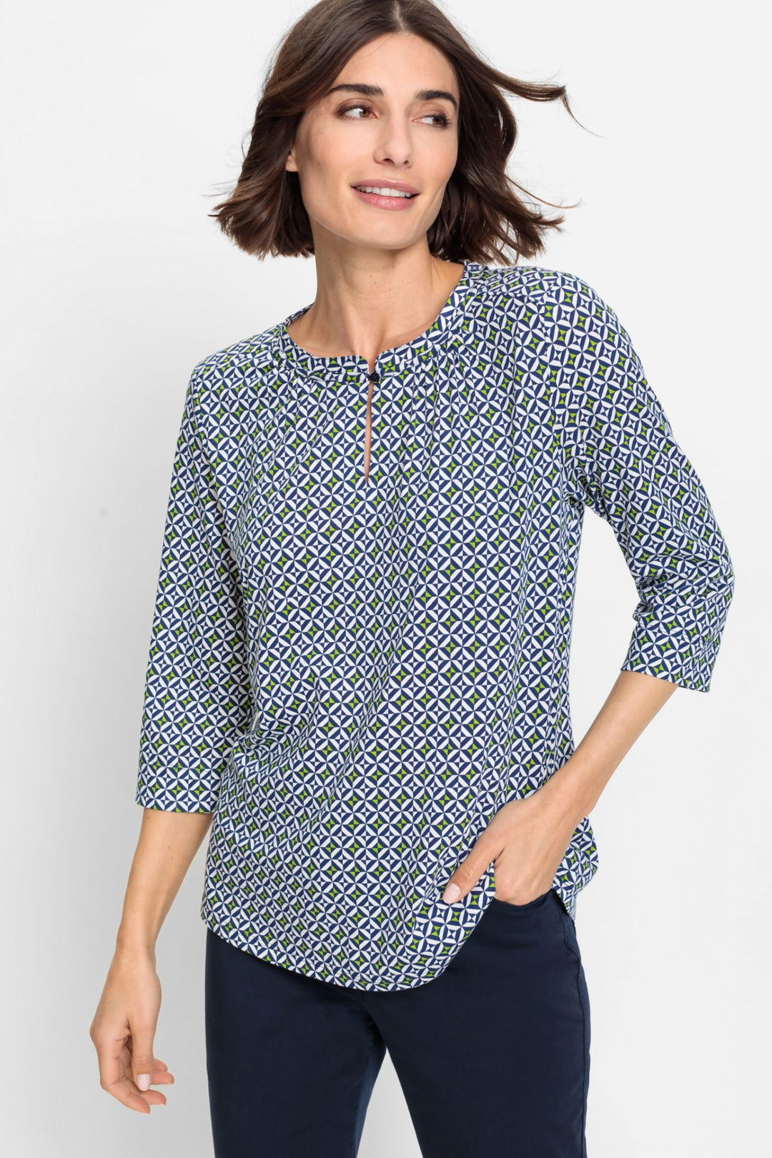 Olsen 11104742 Night Blue Geo Print Button Neck Top