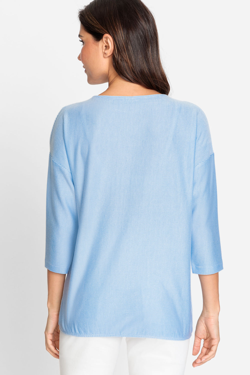 Olsen 11104748 Ciel Blue Micro-Stripe Wide Neck Top - Experience Boutique