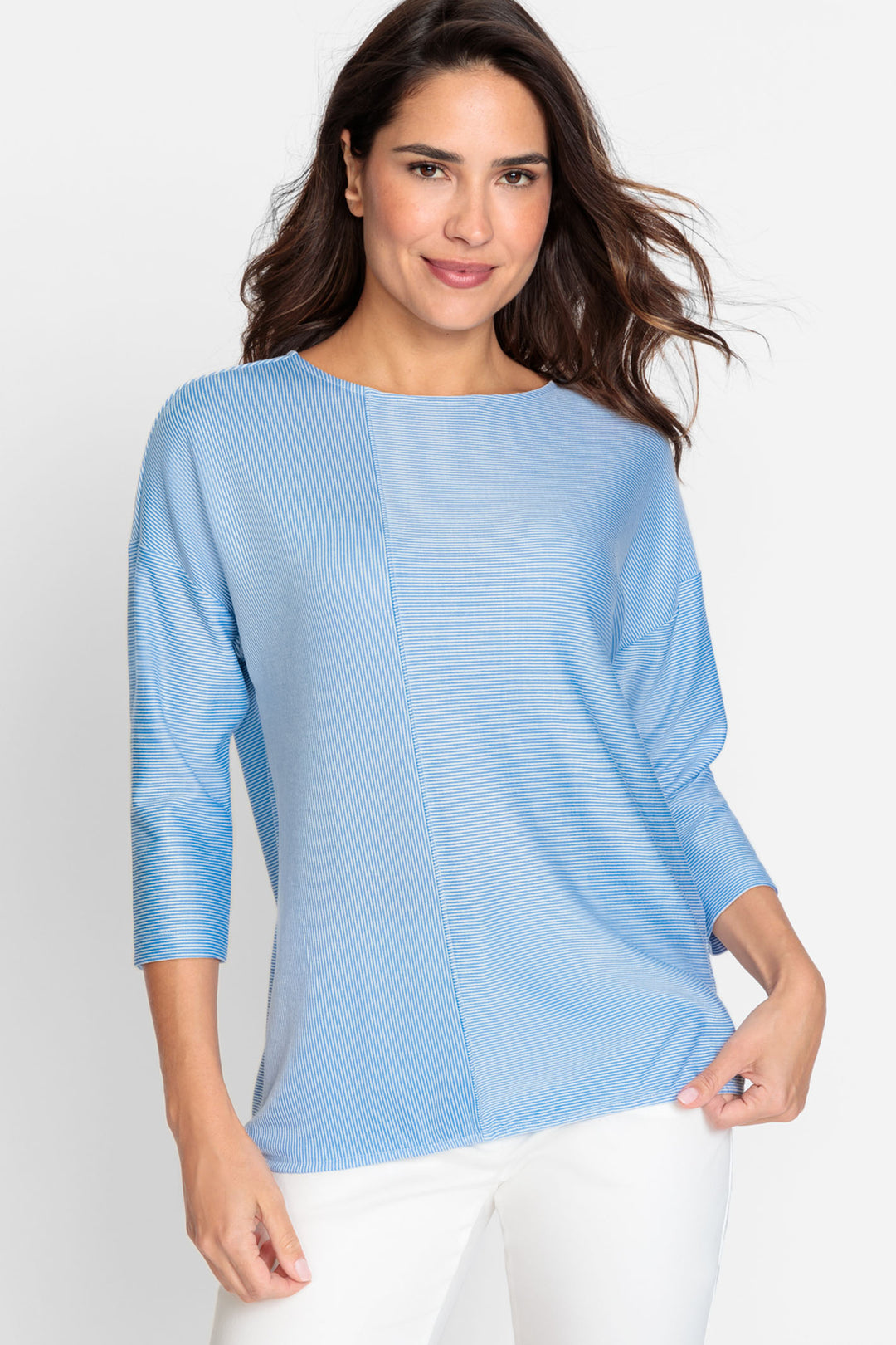 Olsen 11104748 Ciel Blue Micro-Stripe Wide Neck Top - Experience Boutique