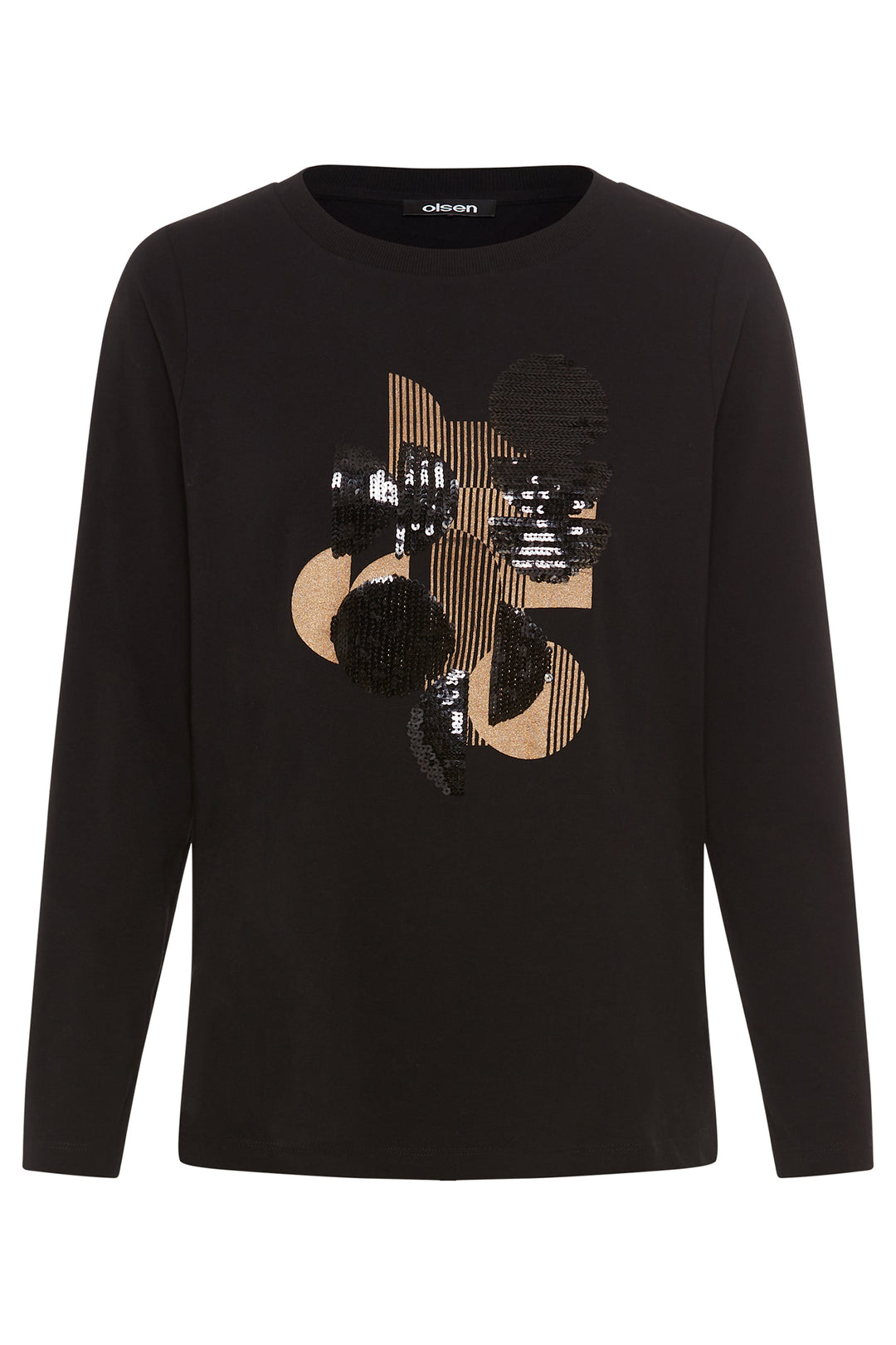 Black long-sleeve shirt with gold and black sequin design on a white background