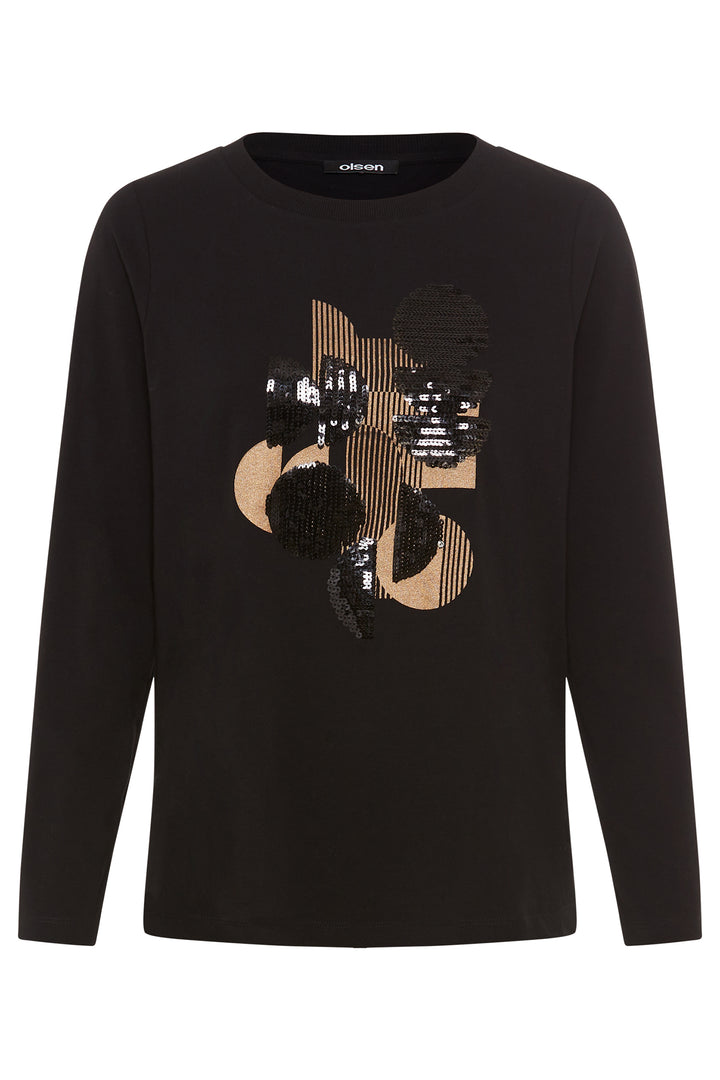 Black long-sleeve shirt with gold and black sequin design on a white background