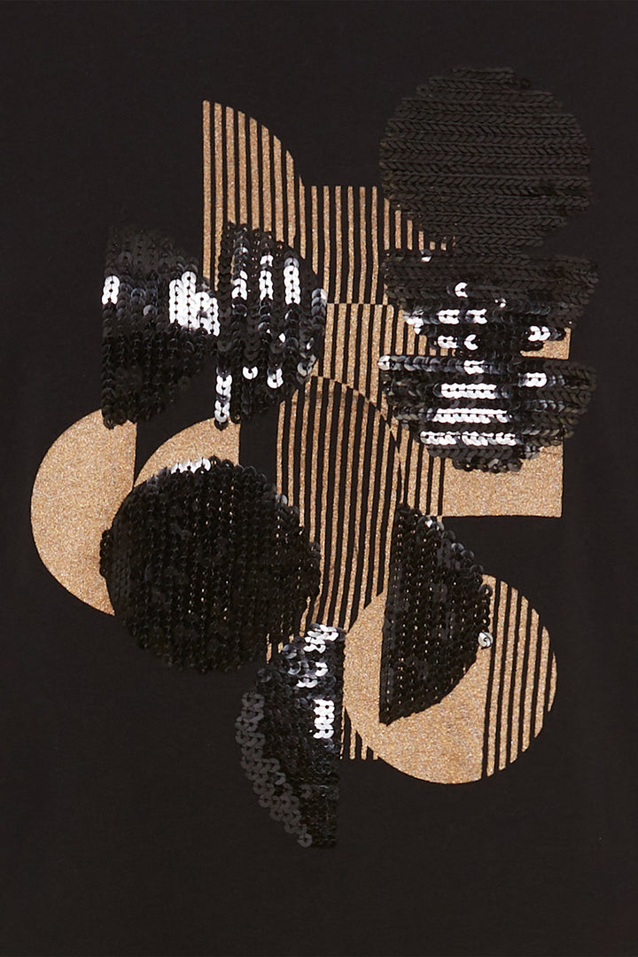 Black and gold abstract design with sequin embellishments on a black background