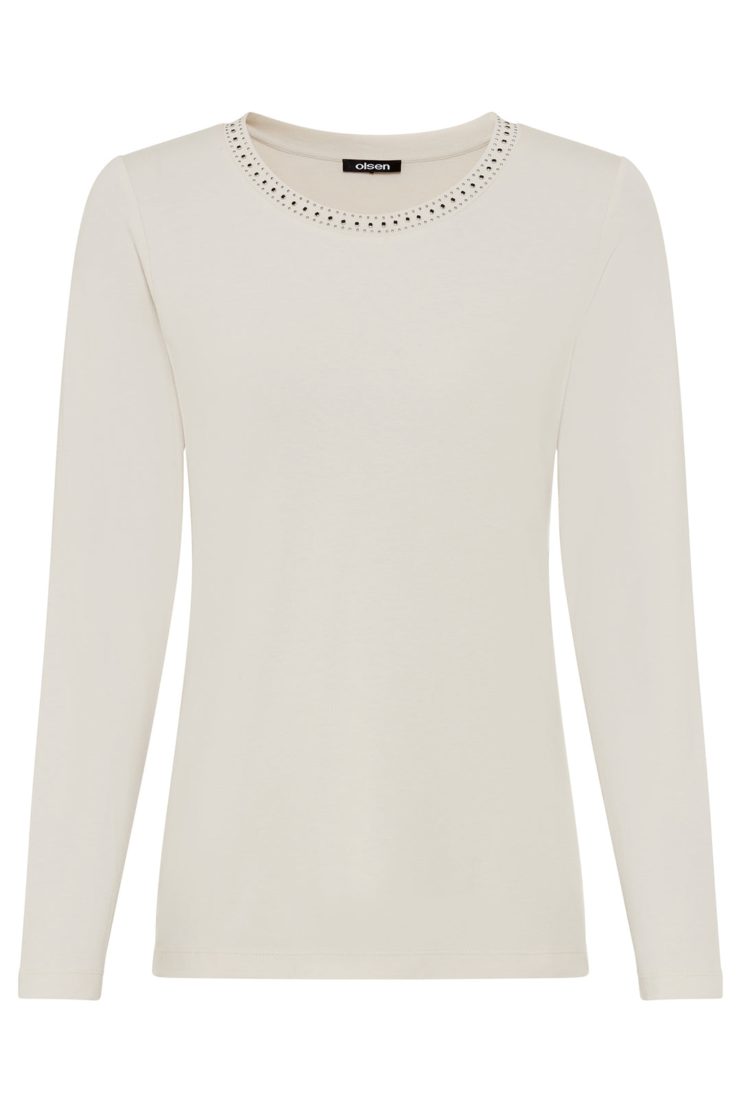 Olsen 11105284 Almond Cream Embellished Neck Long Sleeve T-Shirt