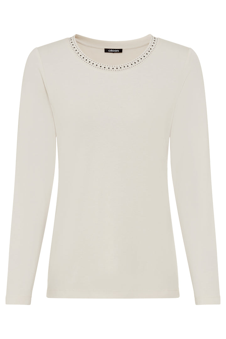 Olsen 11105284 Almond Cream Embellished Neck Long Sleeve T-Shirt
