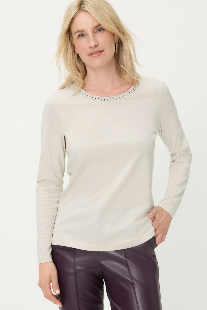 Olsen 11105284 Almond Cream Embellished Neck Long Sleeve T-Shirt