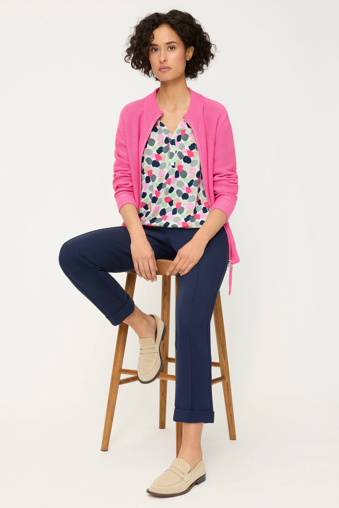 Olsen 11105288 Electric Fuchsia Pink Spot Print V-Neck T-Shirt