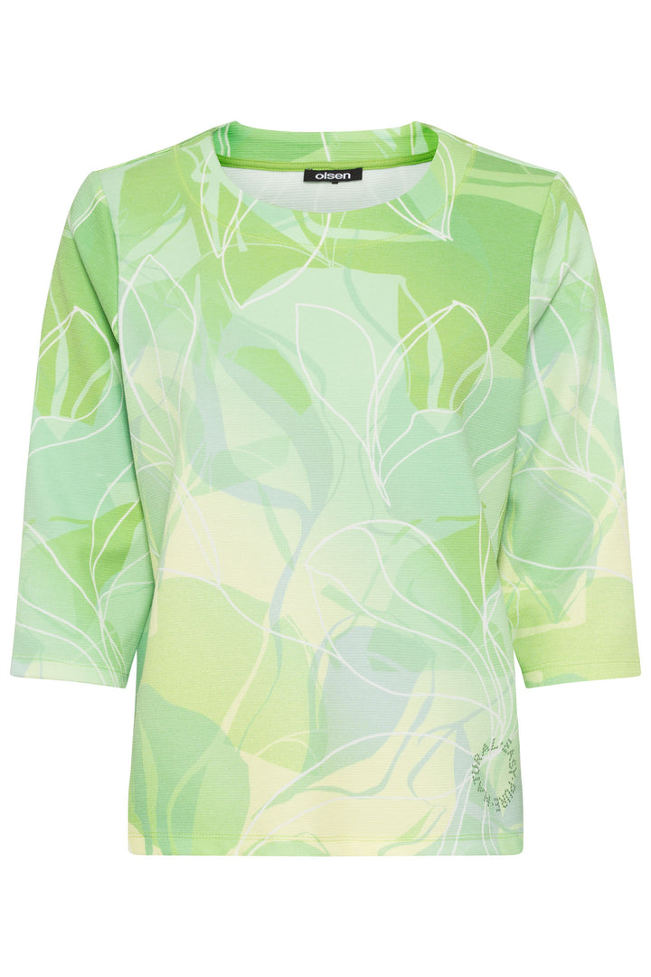 Olsen 11201560 Kiwi Green Floral Print Round Neck Jumper - Experience Boutique