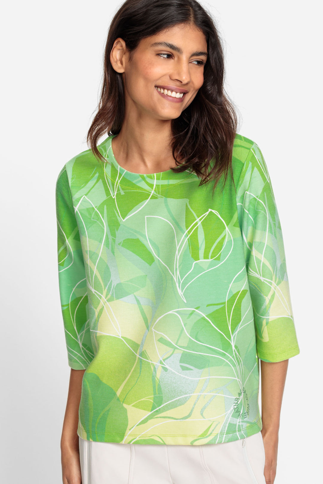 Olsen 11201560 Kiwi Green Floral Print Round Neck Jumper - Experience Boutique