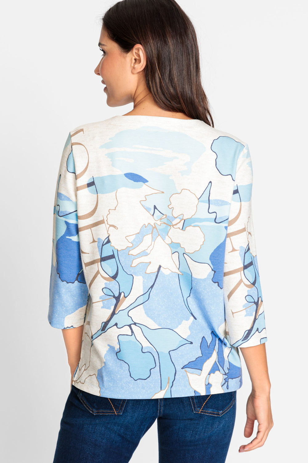 Olsen 11201565 Ciel Blue Print Round Neck Sweatshirt - Experience Boutique
