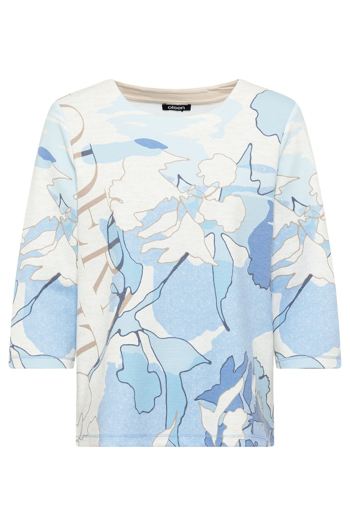 Olsen 11201565 Ciel Blue Print Round Neck Sweatshirt - Experience Boutique