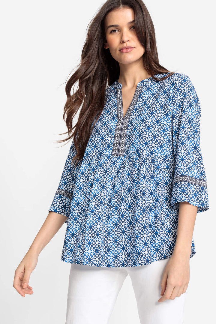 Olsen 12001780 Blue & White Print Embroidered Blouse - Experience Boutique