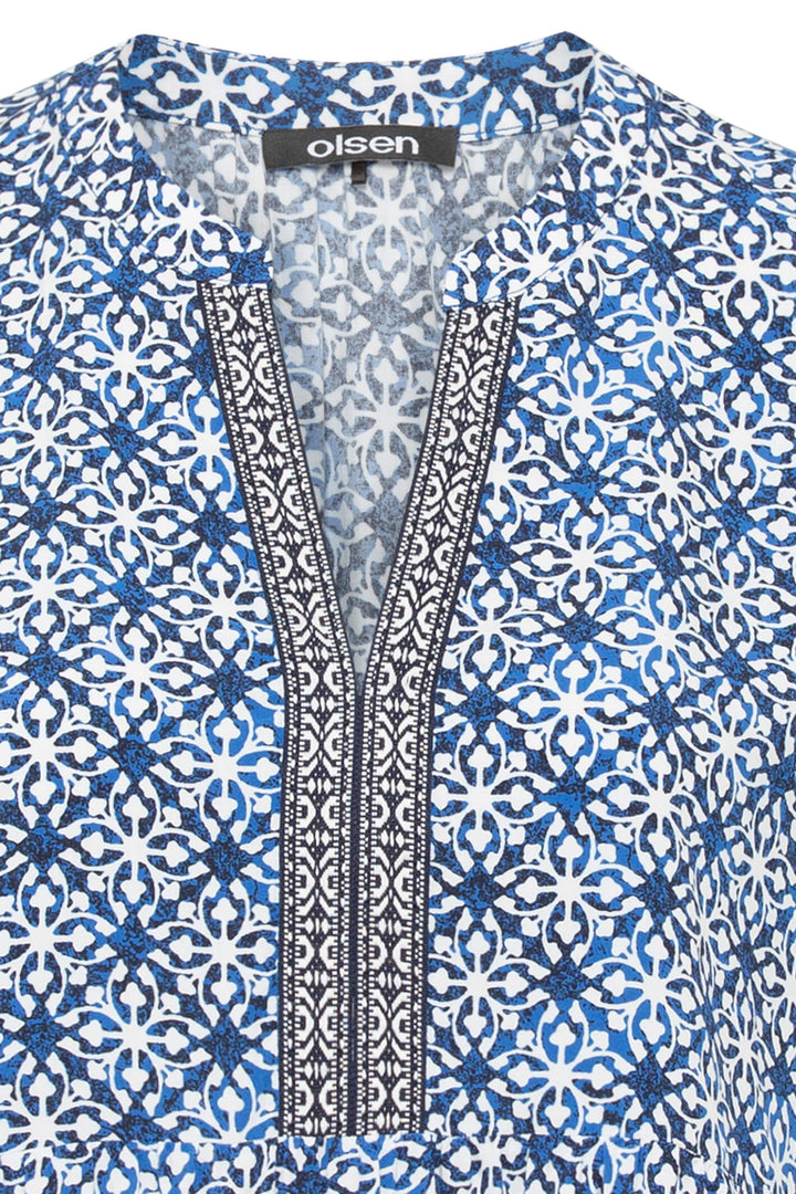Olsen 12001780 Blue & White Print Embroidered Blouse