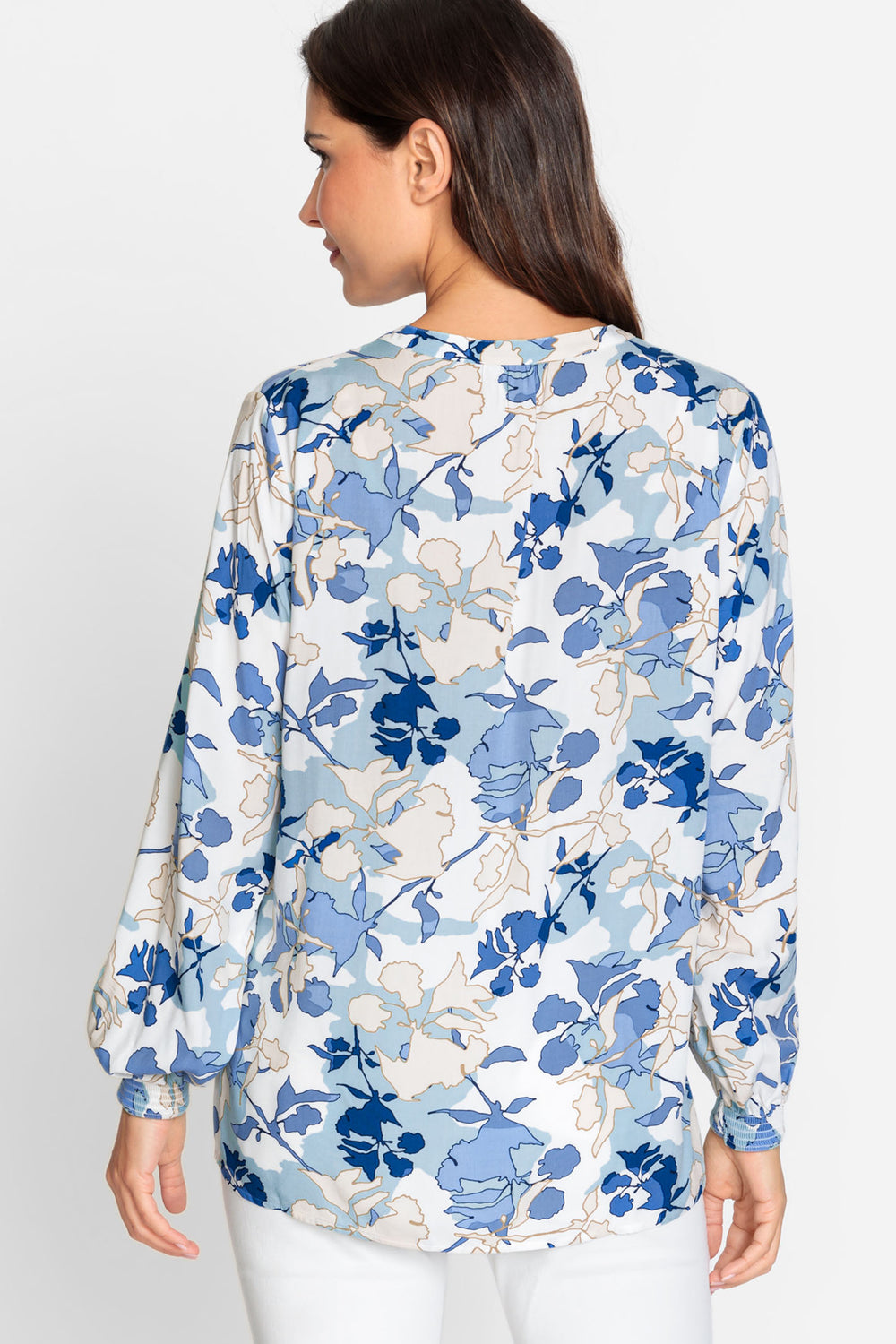 Olsen 12001861 Ciel Blue Flower Print Split Neck Blouse - Experience Boutique