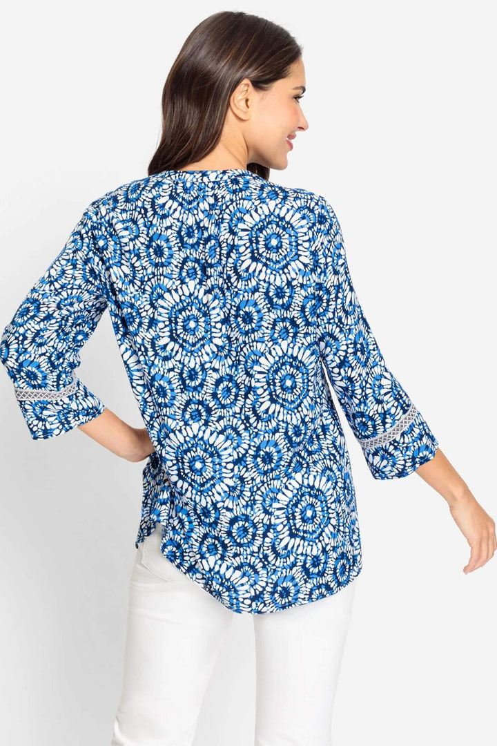 Olsen 12001867 Blue Batik Print V-Neck Top