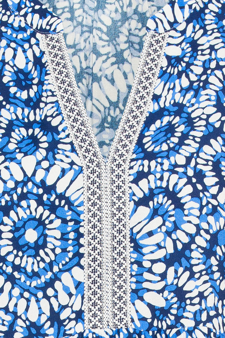 Olsen 12001867 Blue Batik Print Split Neck Top - Experience Boutique