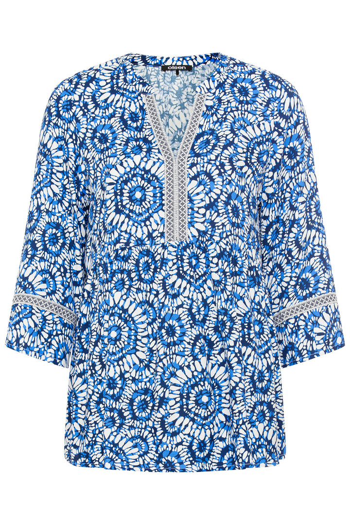 Olsen 12001867 Blue Batik Print Split Neck Top - Experience Boutique