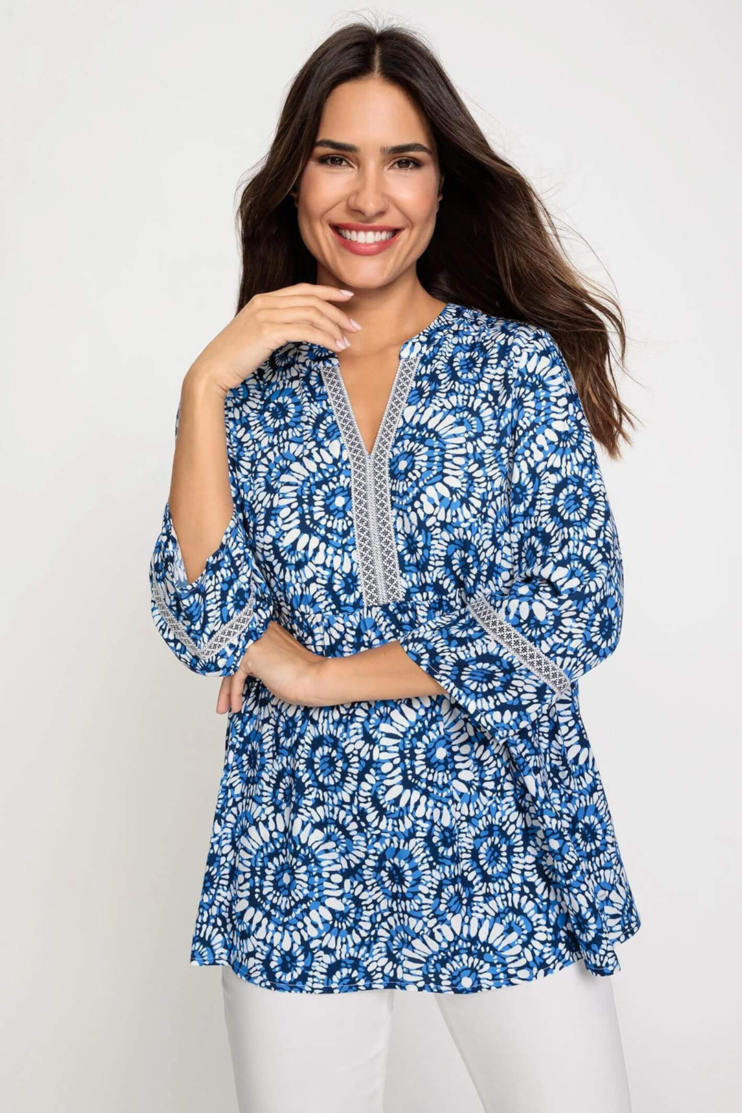 Olsen 12001867 Blue Batik Print V-Neck Top