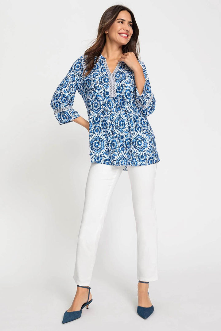 Olsen 12001867 Blue Batik Print V-Neck Top