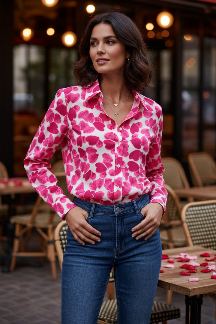 Olsen 12002182 Electric Fuchsia Pink Abstract Heart Print Blouse