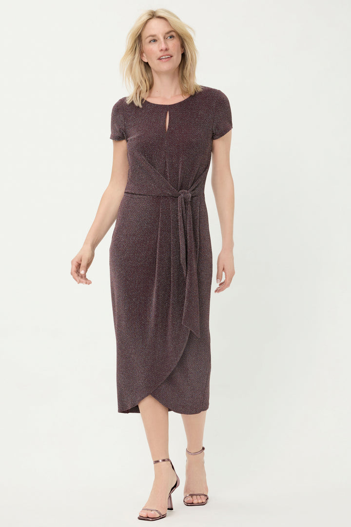 Woman wearing a dark wine dress on a white background